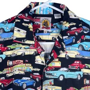 Vintage Max Boxxer Button Up Shirt Mens M Black Classic Car Route 66 Diner Print